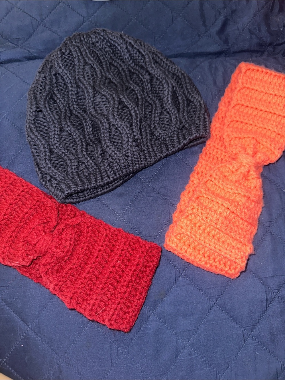 Women Knit Beanie and Headband Set - Navy Blue, Burgundy, Salmon Knit Headband